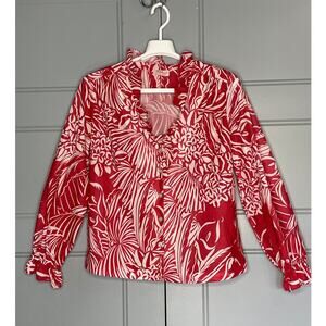 Vintage 70s Georgee Originals Button Front Red Floral Top Blouse Size Medium